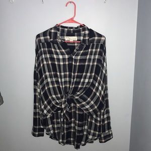 Navy, light pink and white tie front flannel